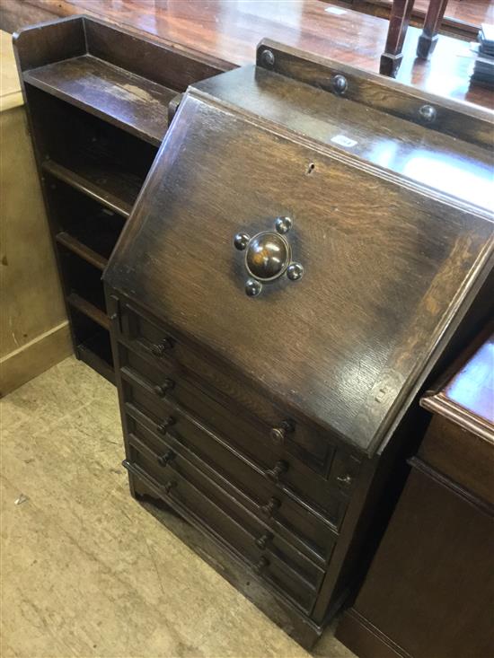 Small oak bureau and oak open bookshelves